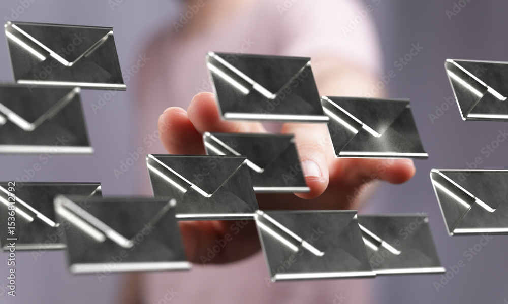 Poster hand interacting with digital email icons,concept of email management and inbox overload.