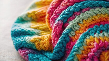 Close-up of a vibrant, colorful crochet blanket or fabric, showcasing intricate stitches and cozy texture. Handmade, craft, textile, cozy