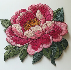 an embroidery patch of a peony flower on white background