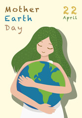 Green hair woman hugging Earth with text Mother Earth Day Design Illustration Editable vector