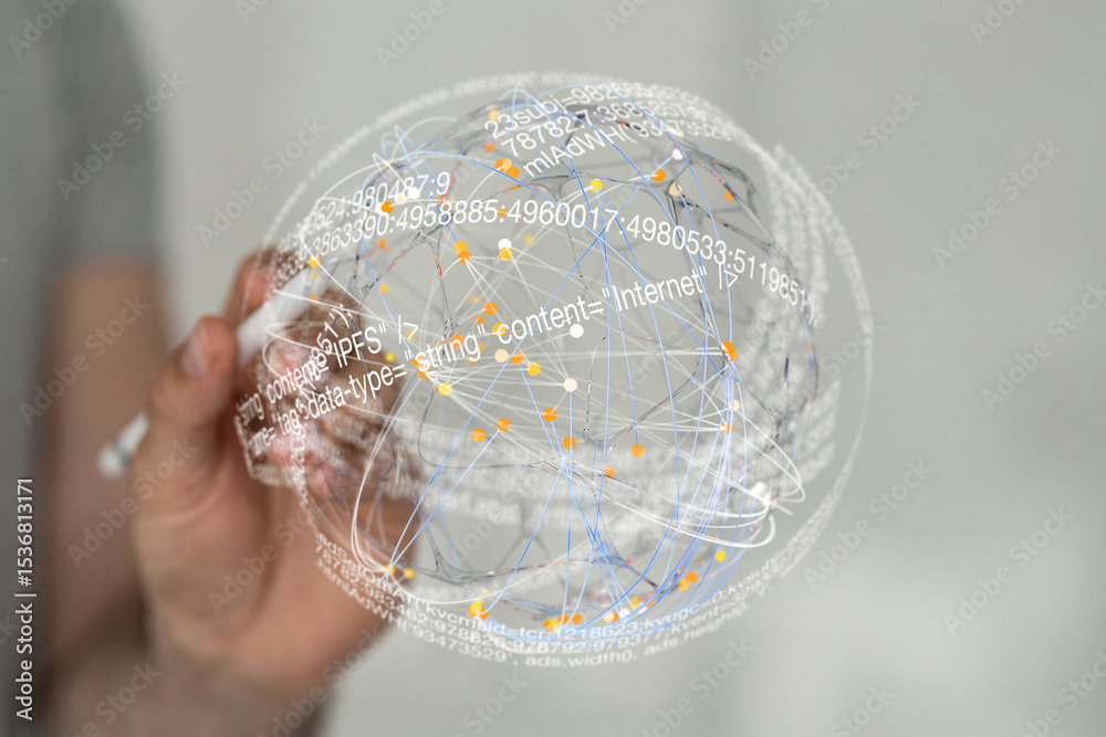 Poster Abstract image depicting a hand interacting with a digital sphere representing global data connections and networks.