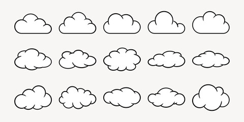 Clouds line shape. Set of vector outlines, varied cloud forms: fluffy cumulus, elongated stratus rendered in monochrome line art with sharp edges.  Minimalist cloud silhouettes.