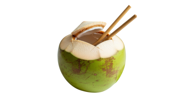 A fresh young coconut with straws on a transparent background