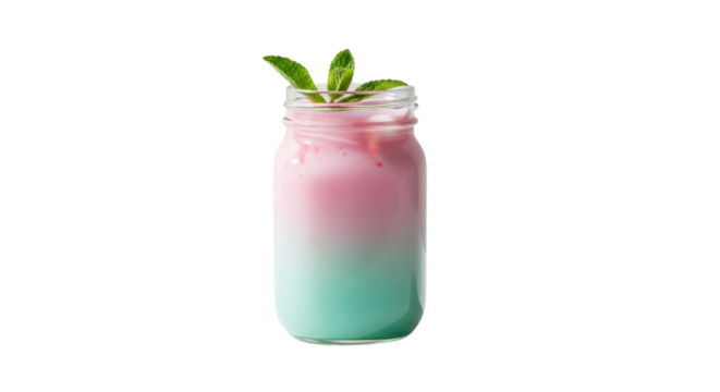 Layered pink and green drink with mint in a mason jar cup on transparent background