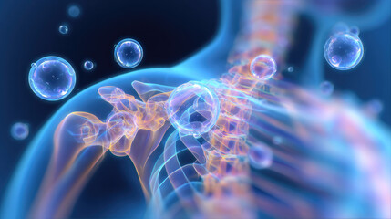 Striking Visual Representation of Human Shoulder and Neck Joints: Modern Abstract Design with Gradient Blue Background and Glowing Transparent Circles. Professional Illustration for Medical, Healthcar