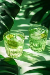 Refreshing green cocktails served in textured glassware, garnished with lime slices, surrounded by lush green foliage, creating a vibrant and tropical atmosphere for summer enjoyment