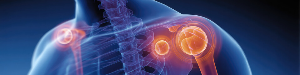 Striking Visual Representation of Human Shoulder and Neck Joints: Modern Abstract Design with Gradient Blue Background and Glowing Transparent Circles. Professional Illustration for Medical, Healthcar