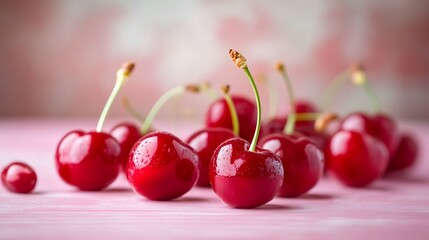Juicy Red Cherries on Pink Wooden Background