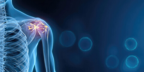 Striking Visual Representation of Human Shoulder and Neck Joints: Modern Abstract Design with Gradient Blue Background and Glowing Transparent Circles. Professional Illustration for Medical, Healthcar