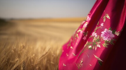 Close-up of vibrant pink floral embroidered fabric with pink flowers and green leaves, set against a soft golden wheat field and pale blue sky in rural backdrop.