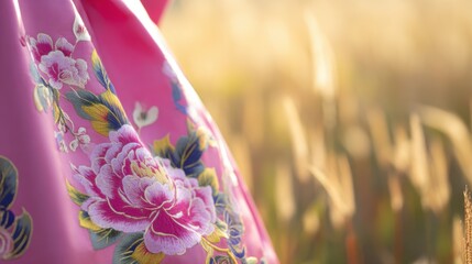 Close-up of vibrant pink fabric with intricate floral embroidery featuring detailed peonies in pink and white, surrounded by blue, yellow, and green leaves, 