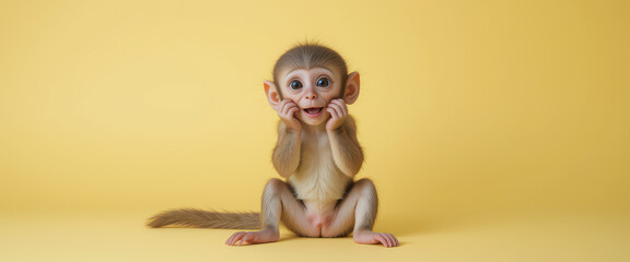 Funny stylized baby monkey with excited facial expression holding its cheeks in playful pose against solid yellow background inside cartoon-inspired minimal studio scene
