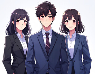 日本人の男女3人、ビジネスシーン、マンガ、アニメーション風のイラスト素材、生成AI画像
