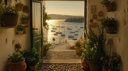 Naklejka premium A charming Mediterranean doorway overlooking a harbor filled with sailboats.