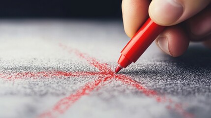 Hand drawing a red X on a gray surface.