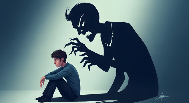 Shadow of a person towering over themselves &mdash; symbolizing inner critic and self-doubt