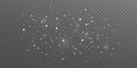 Blurred white snow particles on a transparent background. Magical ethereal light effect for festive or fantasy themes. Shimmering ambiance lights bokeh. Vector illustration.