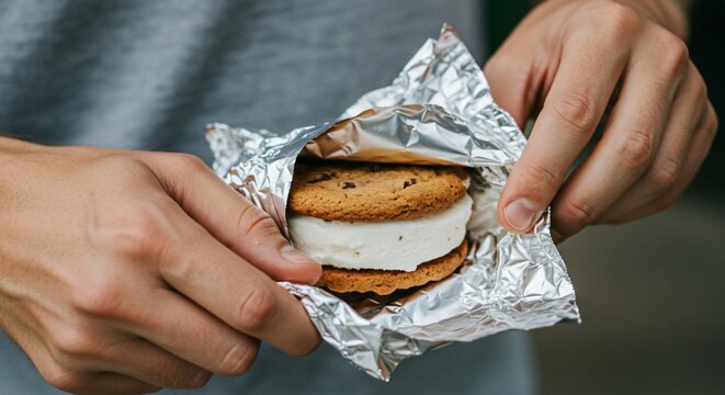 Ice Cream Sandwich Being Unwrapped From Its Foil Packaging With Hands Visible