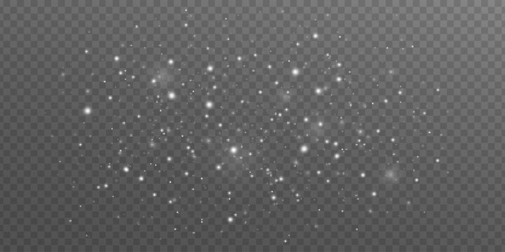 Blurred white snow particles on a transparent background. Magical ethereal light effect for festive or fantasy themes. Shimmering ambiance lights bokeh. Vector illustration.