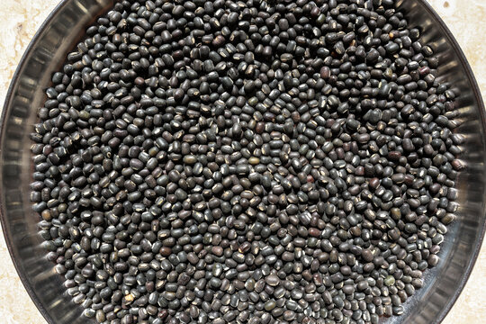 Background of Black Gram or Whole sabut urad dal pulses in Indian kitchen. Whole blackgram pulses in steel plate