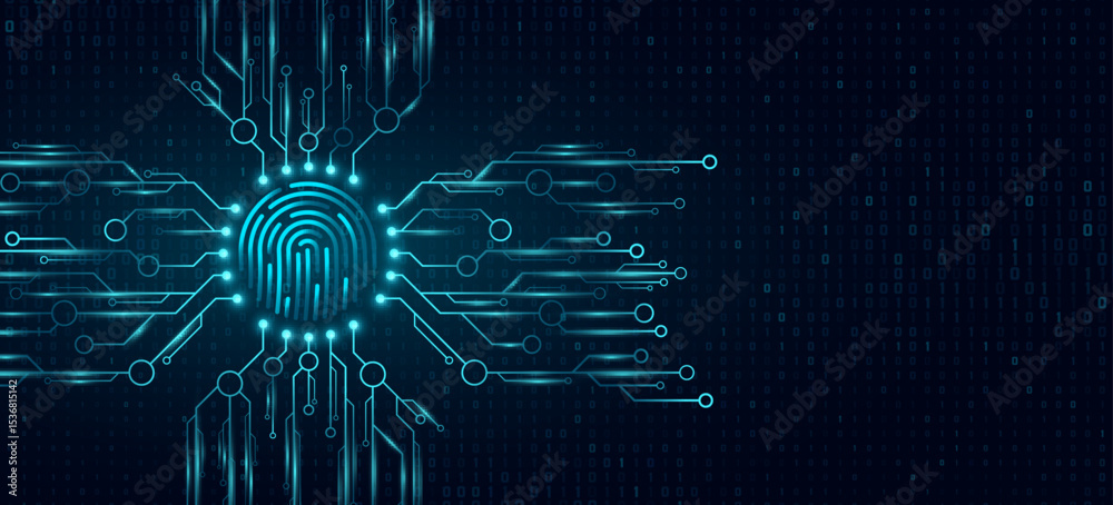 Poster glowing blue fingerprint integrated with a futuristic circuit network for biometric security backgro