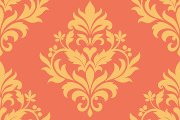 Elegant Damask Pattern Orange and Gold Floral Design Seamless Texture