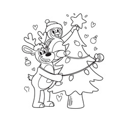 Fototapeta premium Cute reindeer and penguin decorating christmas tree with lights in cartoon outline style