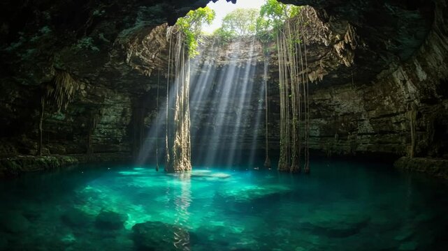 Sunlight beams illuminate a serene cenote cave pool