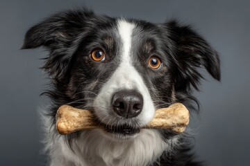 Fototapeta premium Border Collie with bone in mouth, cute dog portrait, pet dental chew, black and white canine, fluffy fur, domestic animal, playful pet scene.