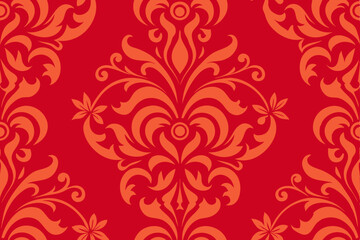 Elegant Damask Pattern Red and Orange Floral Design Seamless Wallpaper