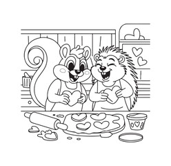Happy squirrel and hedgehog baking heart cookies in cartoon kitchen outline style