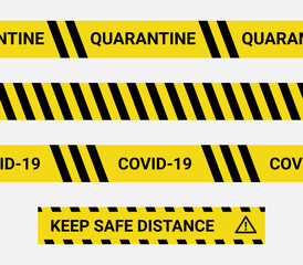 Keep safe distance quarantine tapes seamless design. Seamless covid caution barrier tape collection. Yellow tapes with black stripes and warning text for printing