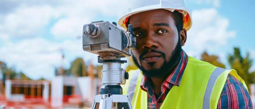 A close-up portrait of a construction surveyor in a hard hat and reflective vest, looking through a total station with a construction site in the background, Surveying scene