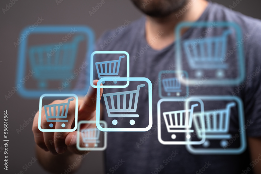 Aufkleber Person using a touchscreen to select multiple items for online shopping. E-commerce concept.