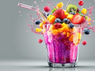Fresh fruit cocktail smoothie with a glass straw and with splashes and pieces of strawberry, mango, kiwi and blueberries in the air 