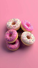 Pile of pink and white donuts with icing and colorful sprinkle on pink background