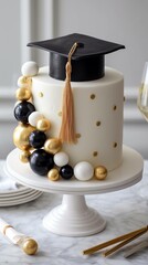 White tall cake with a graduation cap on the top and white, black and golden balls on the side standing on the table at the party