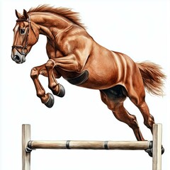 Brown stallion horse jumping over an obstacle on a white background