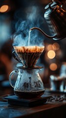 Steamy pour-over coffee with filter, kettle and a cup on the wooden dark table