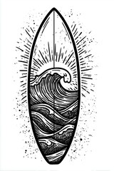 Black and white design of a surfboard with waves as a line art 