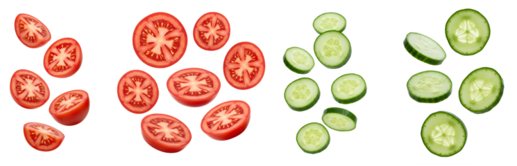 Fresh sliced tomatoes and cucumbers falling down PNG for healthy food visuals and summer vegetable themes. Juicy tomato slices and crisp cucumber pieces flying mid-air isolated PNG