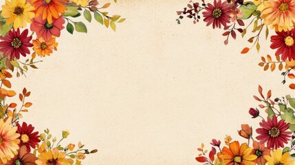 Autumnal floral border design on textured paper.