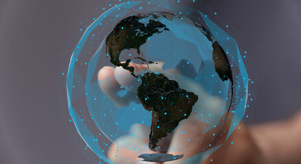 Abstract image of a hand interacting with a digital globe, representing global connectivity and...