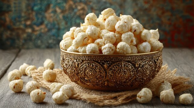 Roasted makhana golden bowl resting on rustic wooden surface, draped with natural jute fabric, representing traditional indian healthy snacking