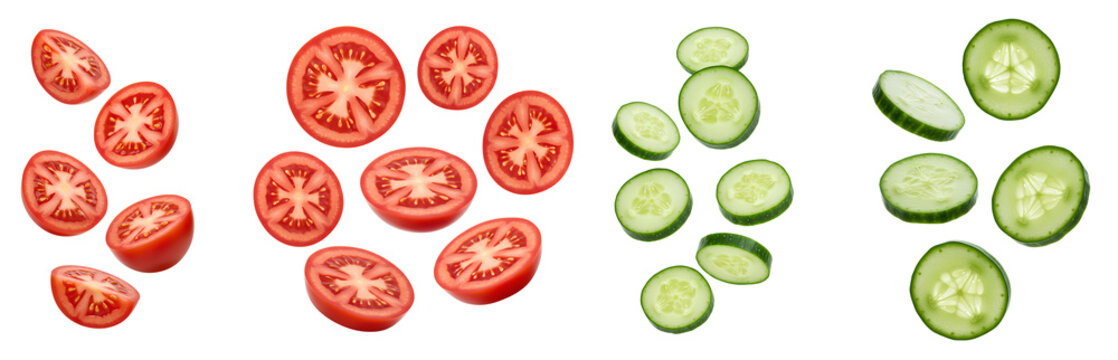 Fresh sliced tomatoes and cucumbers falling down PNG for healthy food visuals and summer vegetable themes. Juicy tomato slices and crisp cucumber pieces flying mid-air isolated PNG - Powered by Adobe