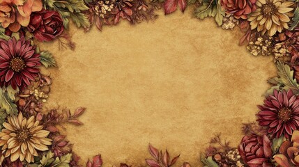 Autumnal floral border on textured paper.