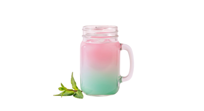 Pink and green drink in a glass mason jar on transparent background