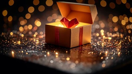 An opened gift box with a red origami heart on a sparkling surface and bokeh lights floating in the background. - Powered by Adobe