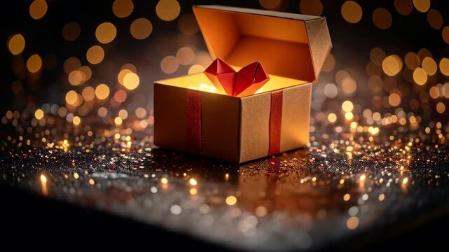 An opened gift box with a red origami heart on a sparkling surface and bokeh lights floating in the background.