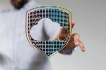 Image of a digital shield protecting cloud data.  Ideal for cybersecurity, data privacy, and cloud...